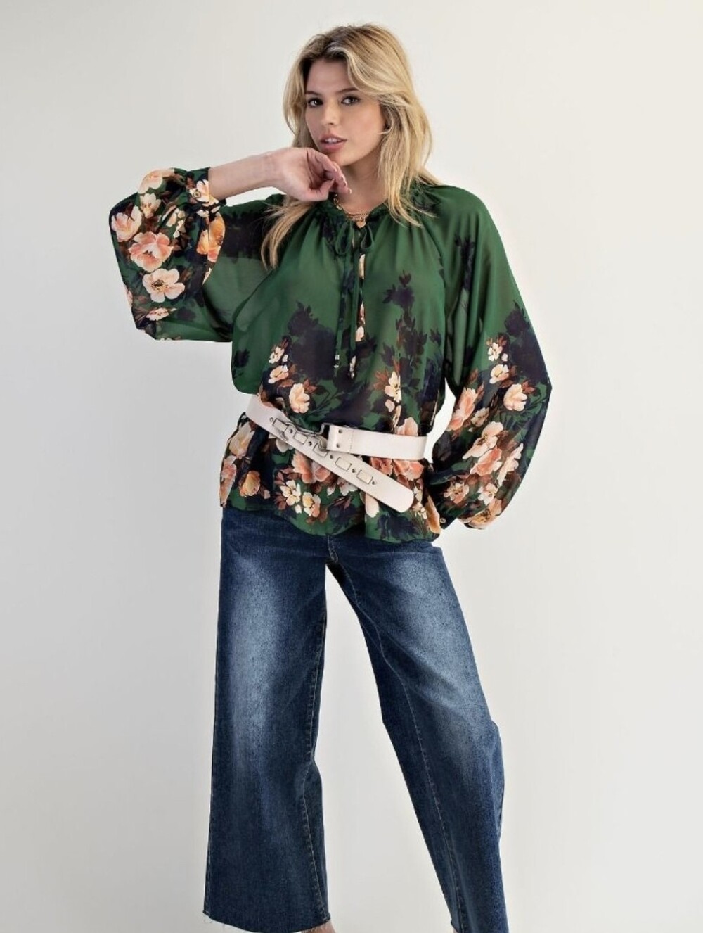 Easel Emerald Green Floral Border Print Sheer Chiffon Blouse | 1X NWT